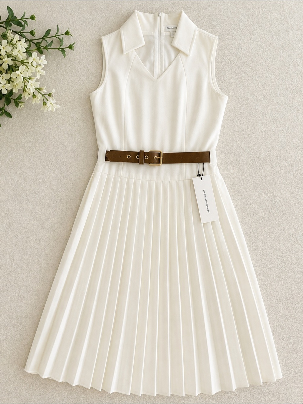 Commense Cream Sleeveless Pleated Dress with Brown Belt NWT size S -